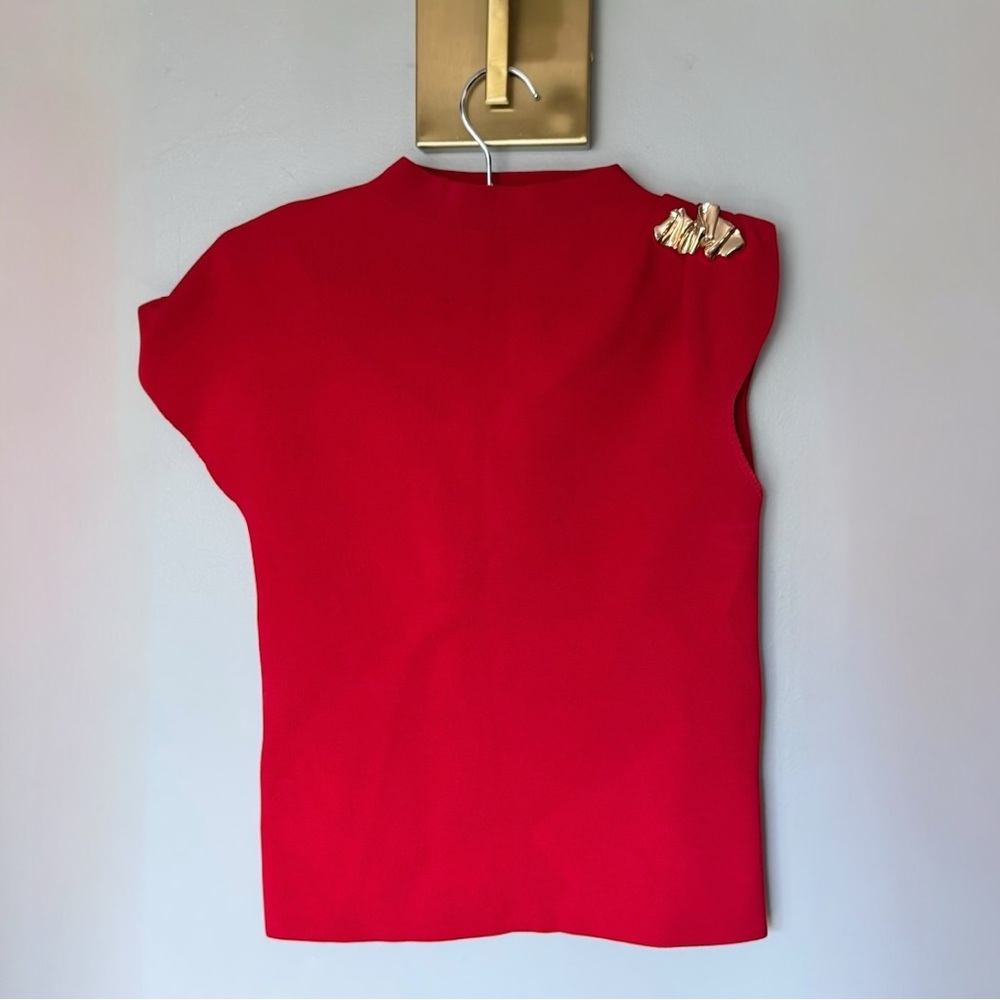 Zara Red Sleeveless Top with Gold Shoulder Detail